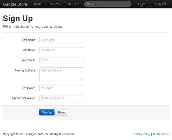 Gadget Store Sign Up Page