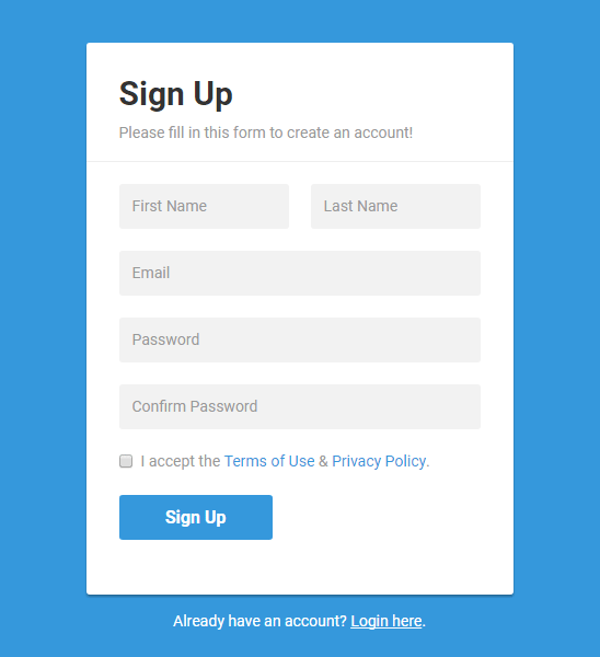 Bootstrap Simple Sign Up Form with Blue Background Template