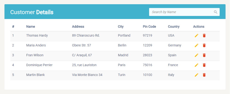 Table with Search Column Feature